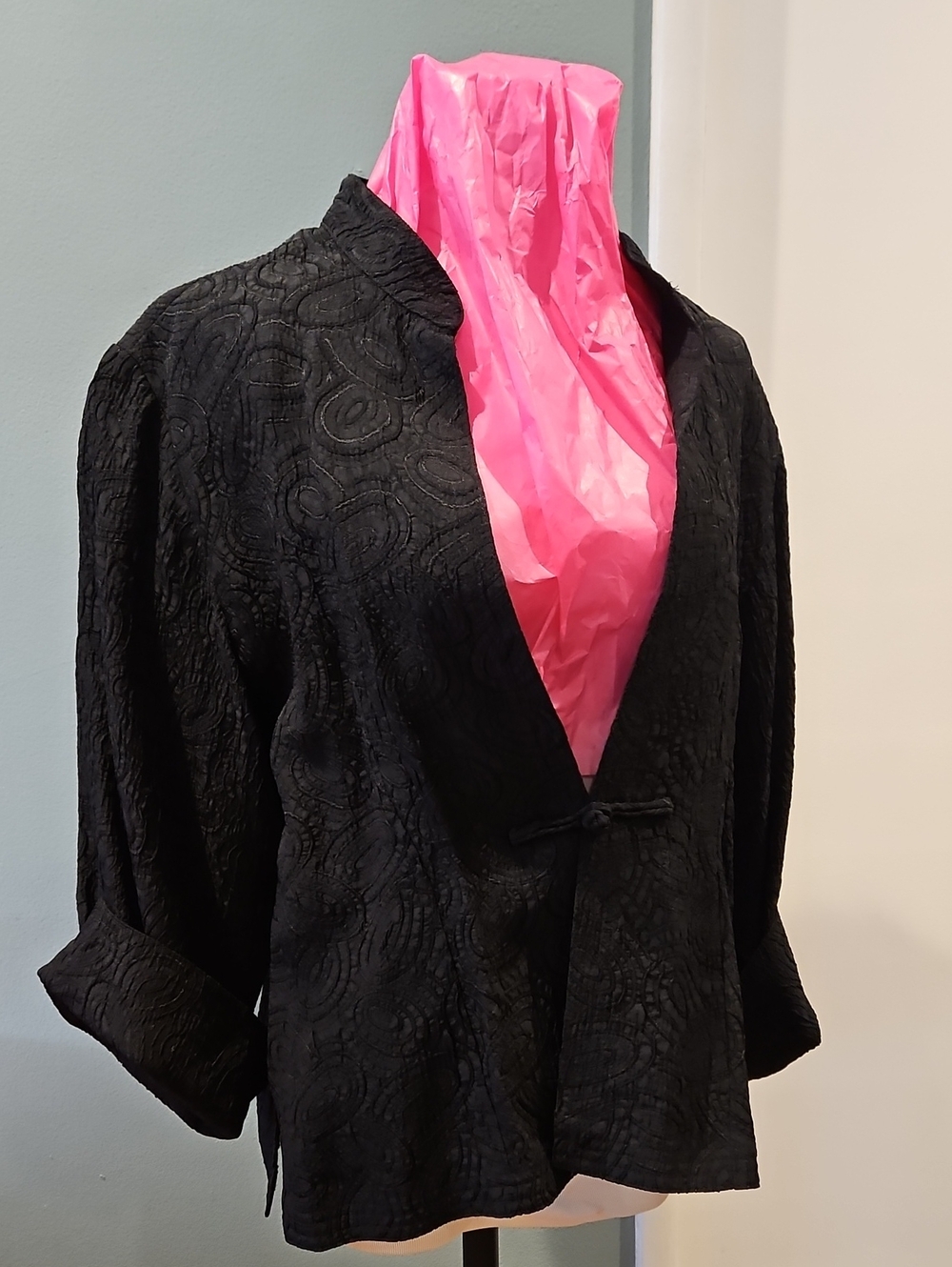 Jade Black Textured Heavy Weight Viscose Asian Style Open-Front Jacket 0268
